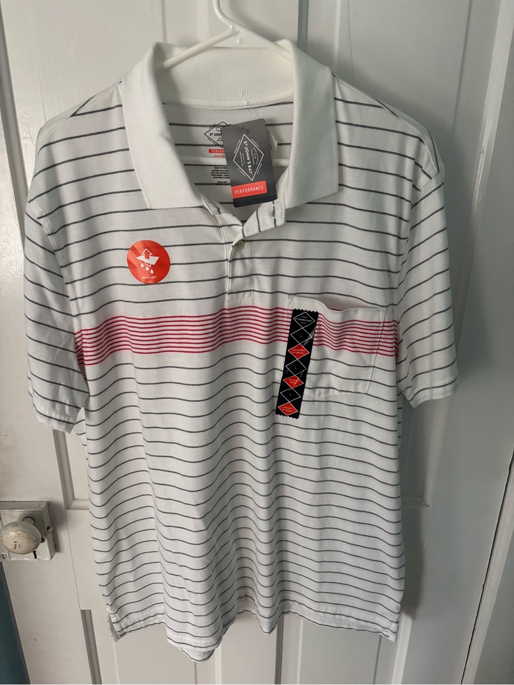 St. John's Bay White Polo with Black Pinstripes and Red Chest Stripe